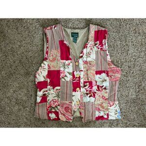 VINTAGE Womens Vest Patchwork Floral Striped Cottage Prairie Peasant Academia L